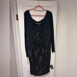 Black Long-Sleeve Sequin Panel Dress - Elegant Evening Wear